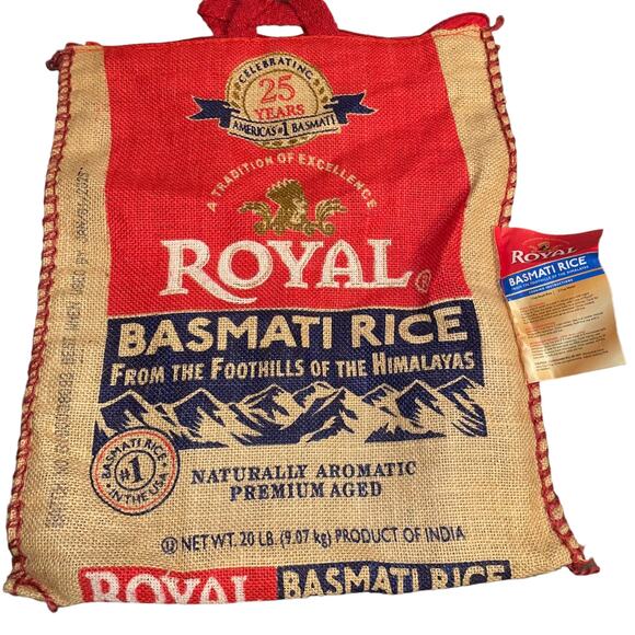 Royal Basmati Rice Reusable Tote Bag Shop Resealable Zipper Red Handles Burlap - Picture 3 of 12